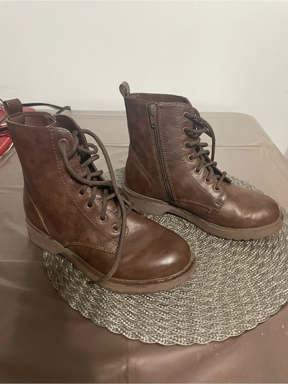 wonder nation Brown Lace-Up Side-Zip Kids Combat Boots